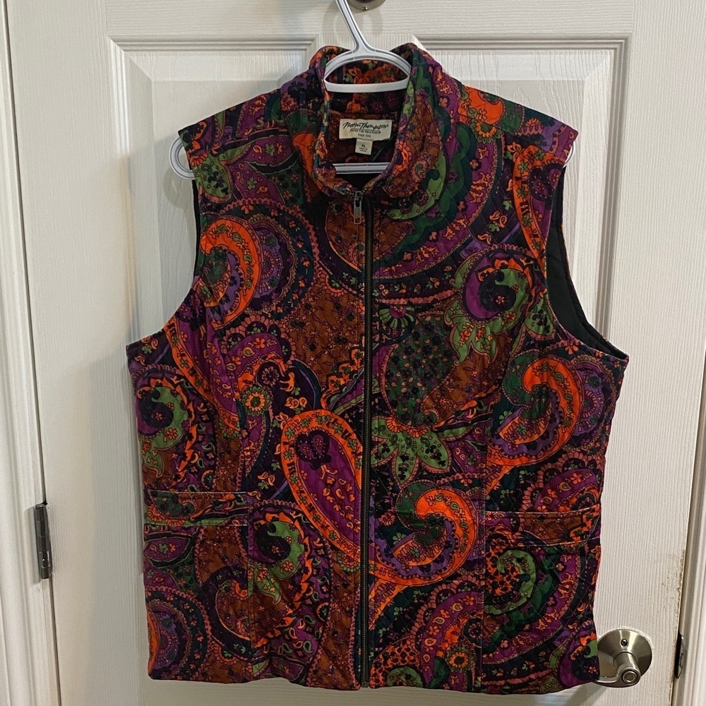 Norm Thompson Quilted Paisley Purple Velour Vest Collared Full Zip Women’s  XL